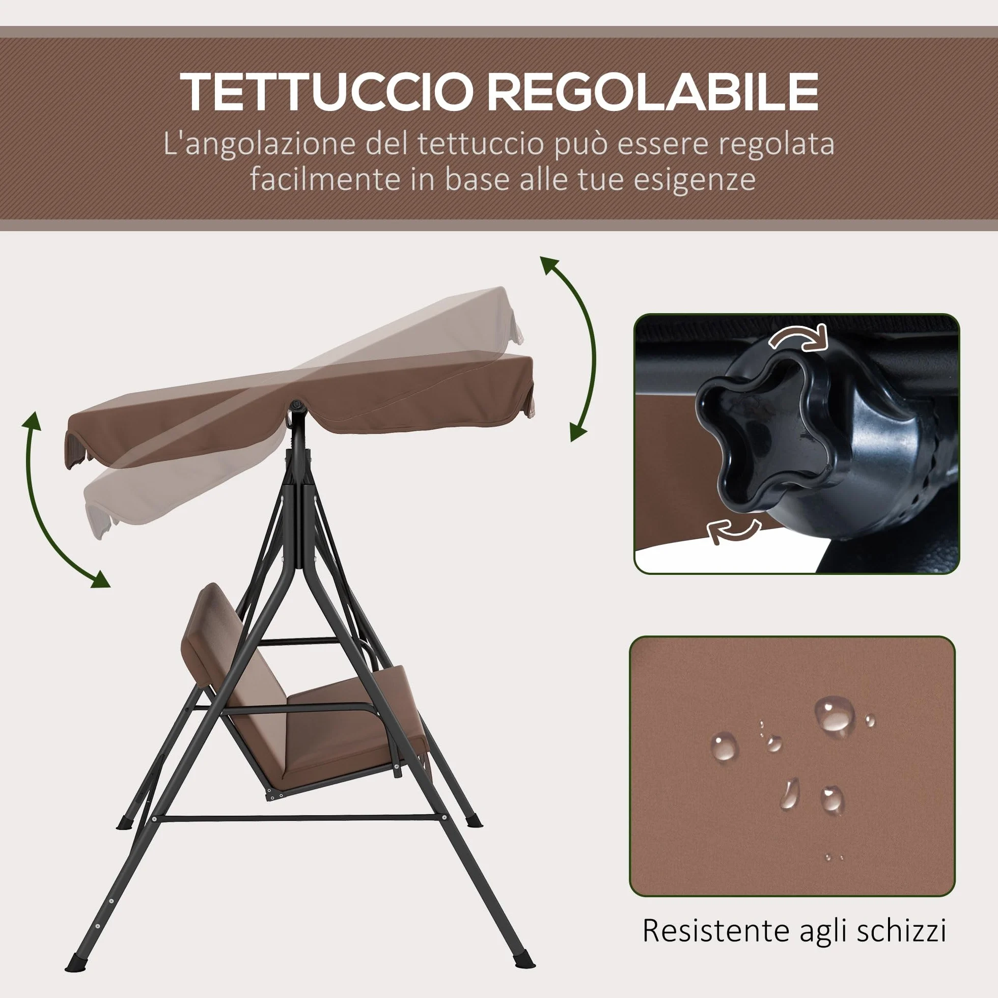 Outsunny Dondolo da Giardino 3 Posti con Tettuccio Parasole Regolabile, Dondolo da Esterno con Seduta Traspirante in Texteline e Metallo, Portata Fino a 240 kg, 172x110x153 cm, Marrone
