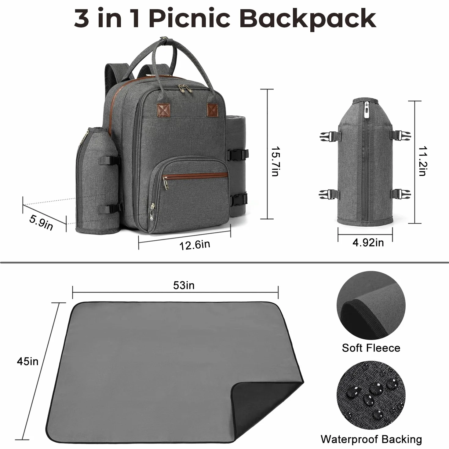 Apollo Walker Zaino da picnic per 2 persone, set e coperta, borsa termica, grigio chiaro