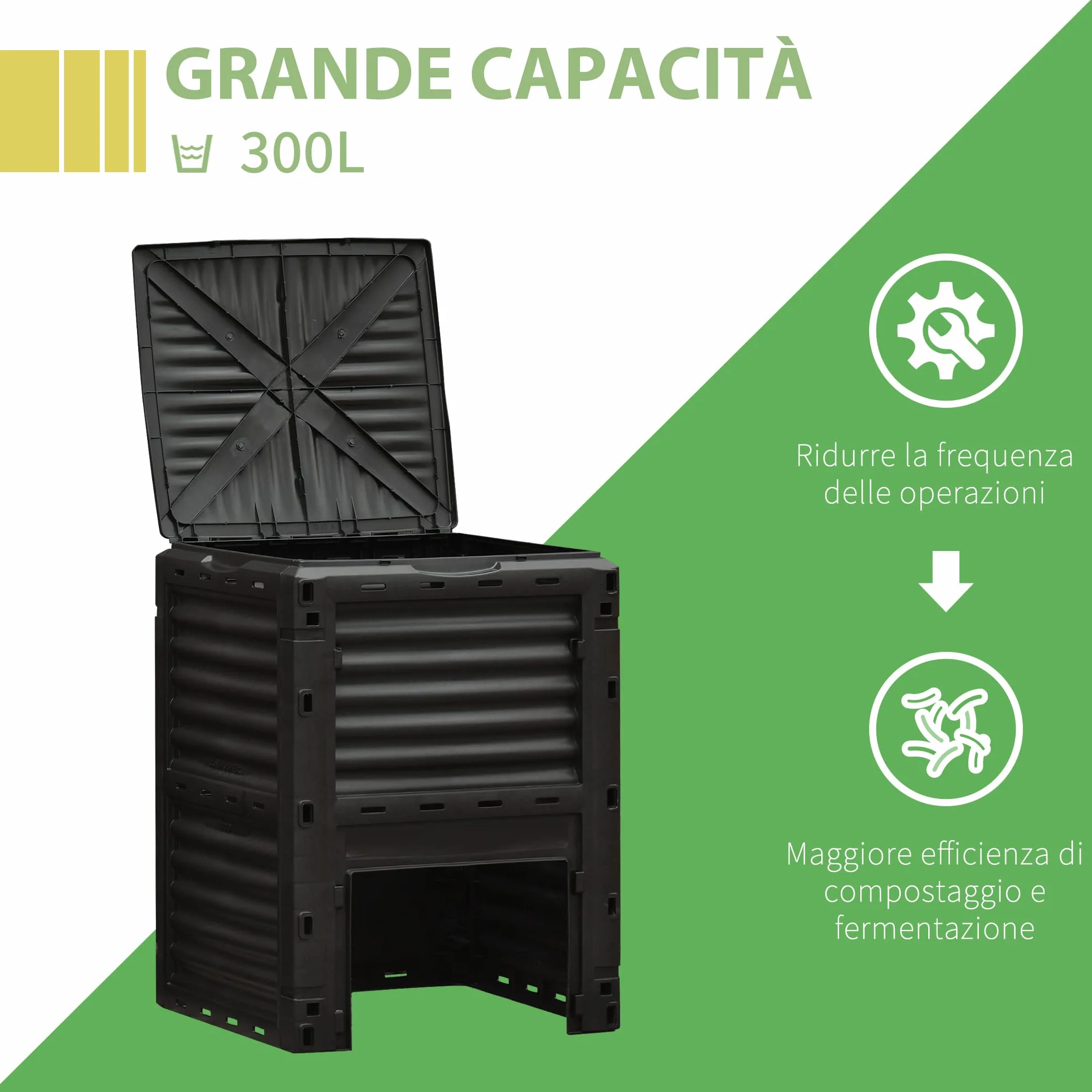 Outsunny Compostiera da Giardino 300L Plastica Nera con Coperchio a Incastro