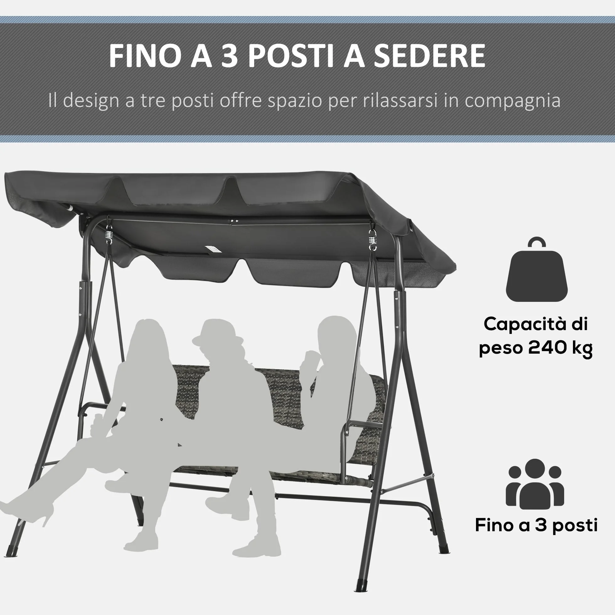 Outsunny Dondolo da Giardino 3 Posti con Tettuccio Parasole Regolabile, Dondolo da Esterno con Seduta Traspirante in Rattan PE e Acciaio, Portata fino a 240 kg, 167x112x153 cm, Grigio Scuro