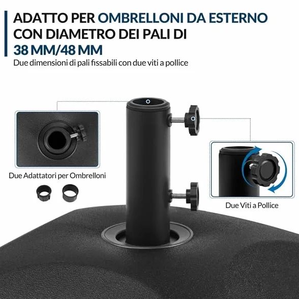 Yaheetech Base per Ombrellone da Giardino con 4 Ruote Riempibile con Sabbia e Acqua 37L in HDPE e Metallo per Pali da Ø38mm e Ø48mm con 2 Manopole Picnic Prato Esterno Nero