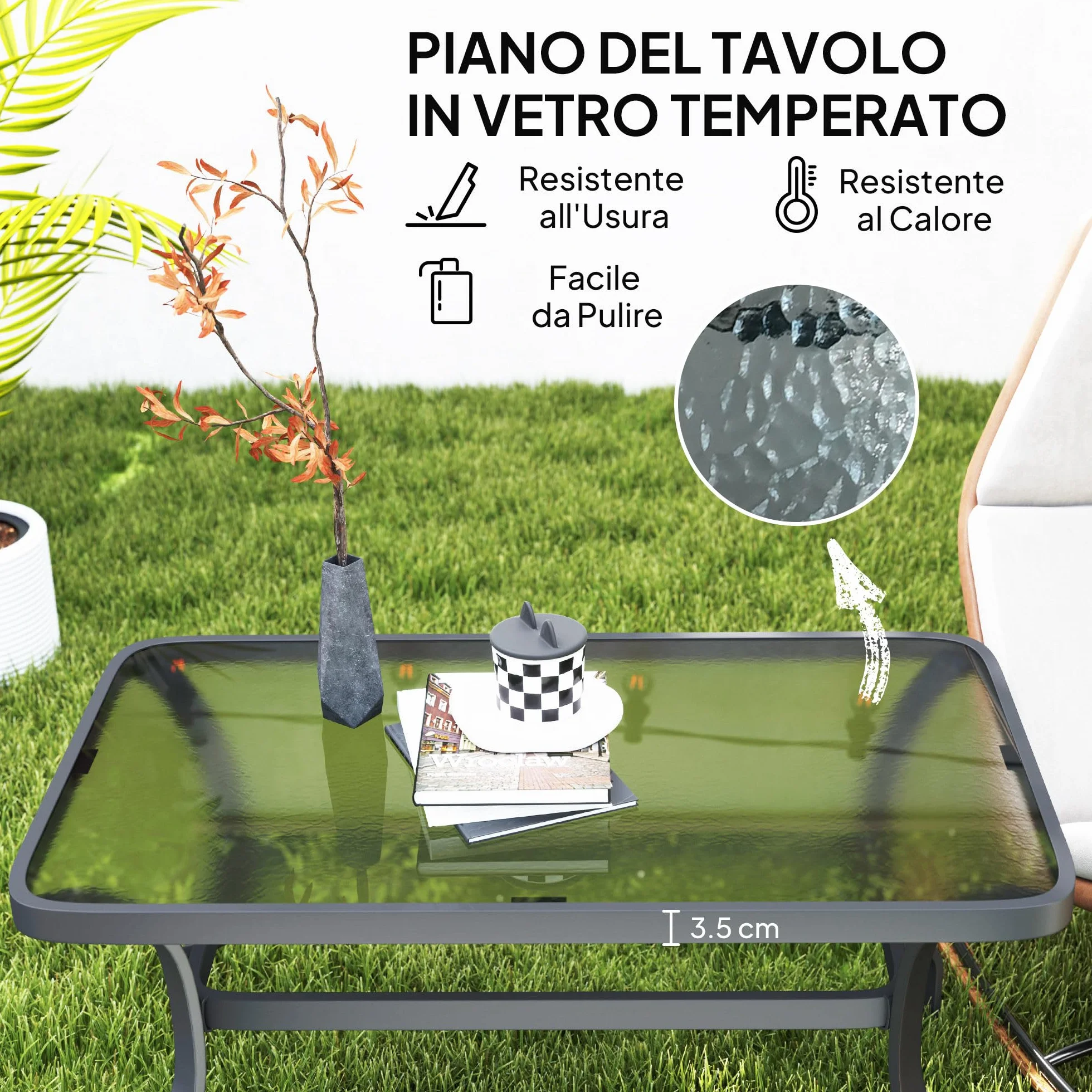 Outsunny Tavolino da Caffè per Esterno Rettangolare con Piano in Vetro Temperato, Tavolino da Giardino in Metallo, 95x55x46 cm, Nero