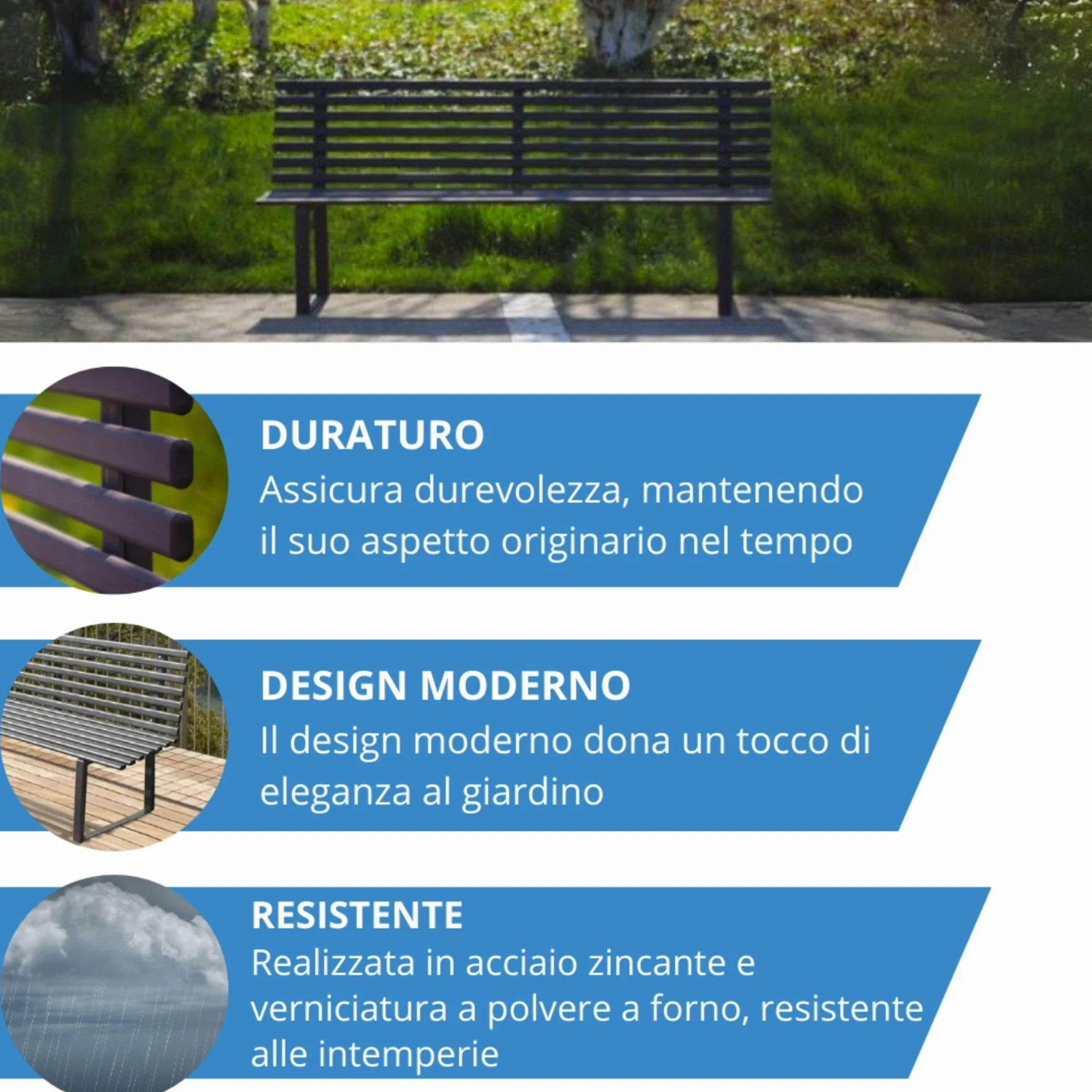 ANDRYS Panchina da Esterno e Giardino - Panca con Schienale in Acciaio Zincato a Freddo - Grigio Antracite 150x50x82cm
