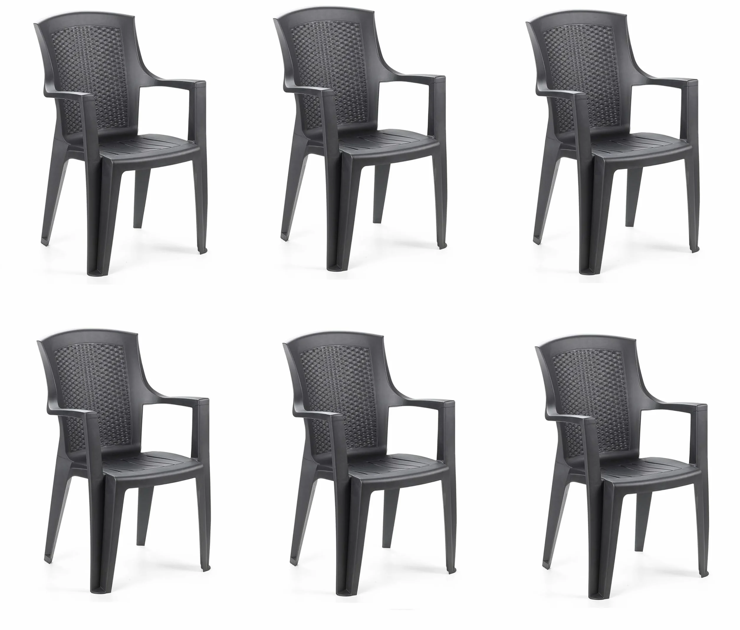Set Sedie Eden Antracite Impilabili con Braccioli – 4 o 6 Pezzi – Poltroncina da Giardino Effetto Rattan, Leggera 3,4 kg, Resistente per Esterno e Interno, Plastica