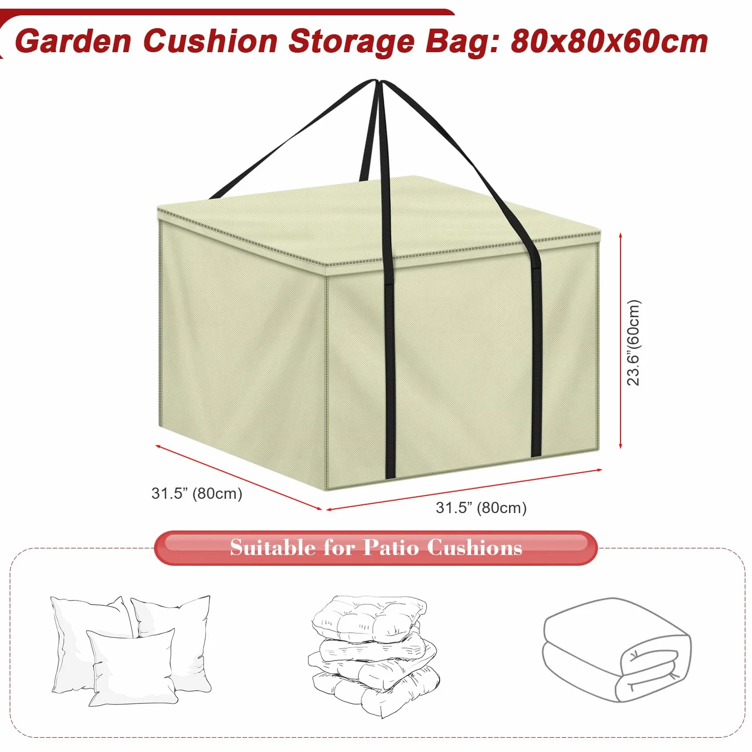 LAMUNI Borsa per Cuscini da Giardino Quadrato 80x80x60cm Borse di Stoccaggio per Esterni, Tessuto Oxford 600D Borsa Portaoggetti con Maniglie, Impermeabile Borsa Porta Cuscino da Letto
