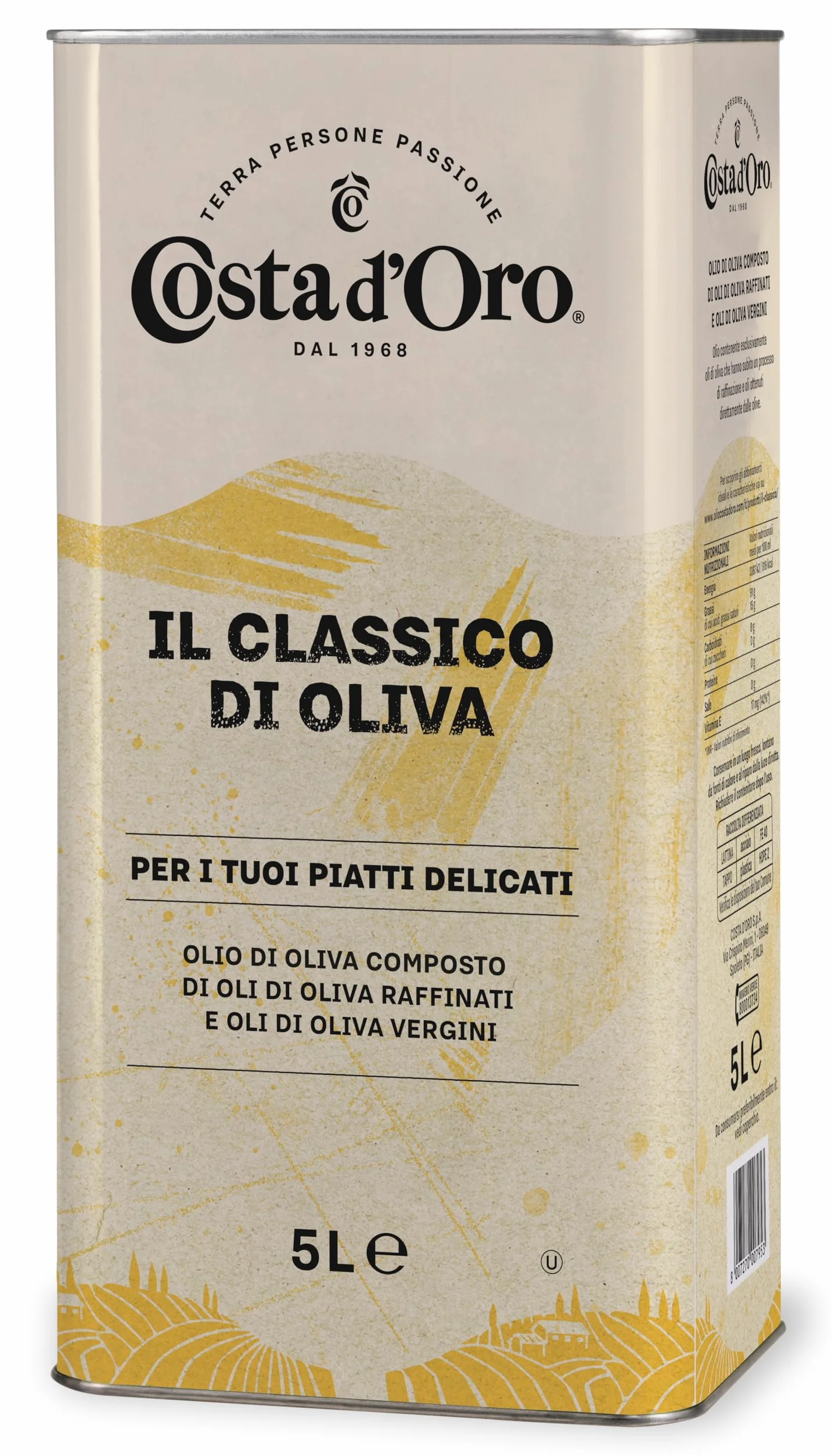 Costa d'Oro – Classico di Oliva 5L. Olio di oliva adatto a crudo per pesti e salse tipo maionese e per marinature, soffritti, cotture prolungate e fritture. Latta da 5 litri.