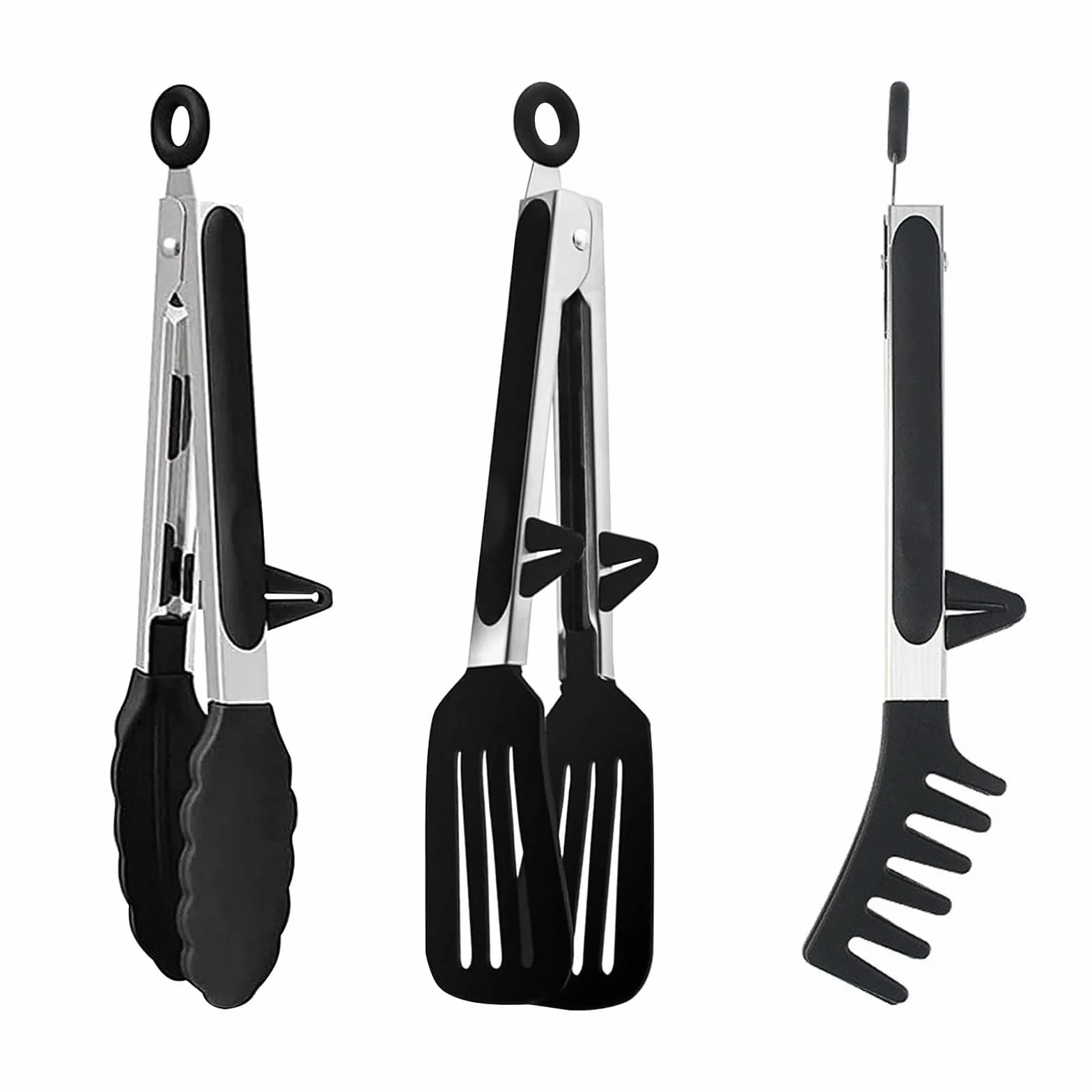 3 Pezzi Pinze da Cucina,Pinze in Metallo,Pinze da Cucina in Silicone,Pinze Barbecue Antiscivolo in Acciaio Inox Silicone Utensili da Cucina,per Carne,Arrosto,Insalata Nero