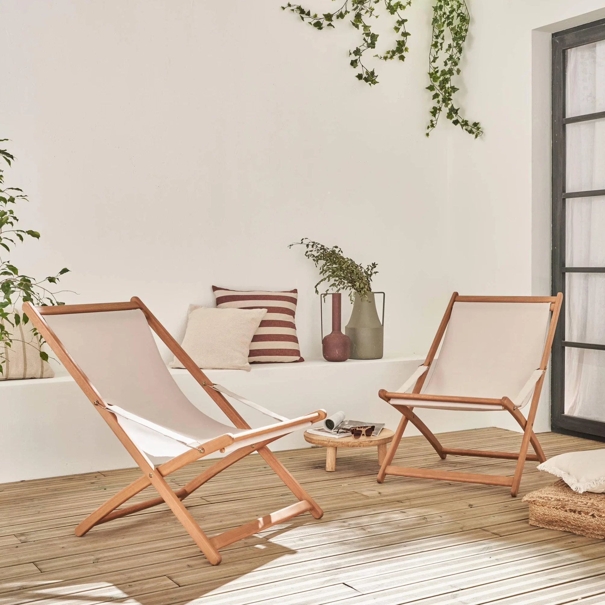 Set 2 lettini prendisole imbottiti in legno Beige - 95x64x83.5 cm