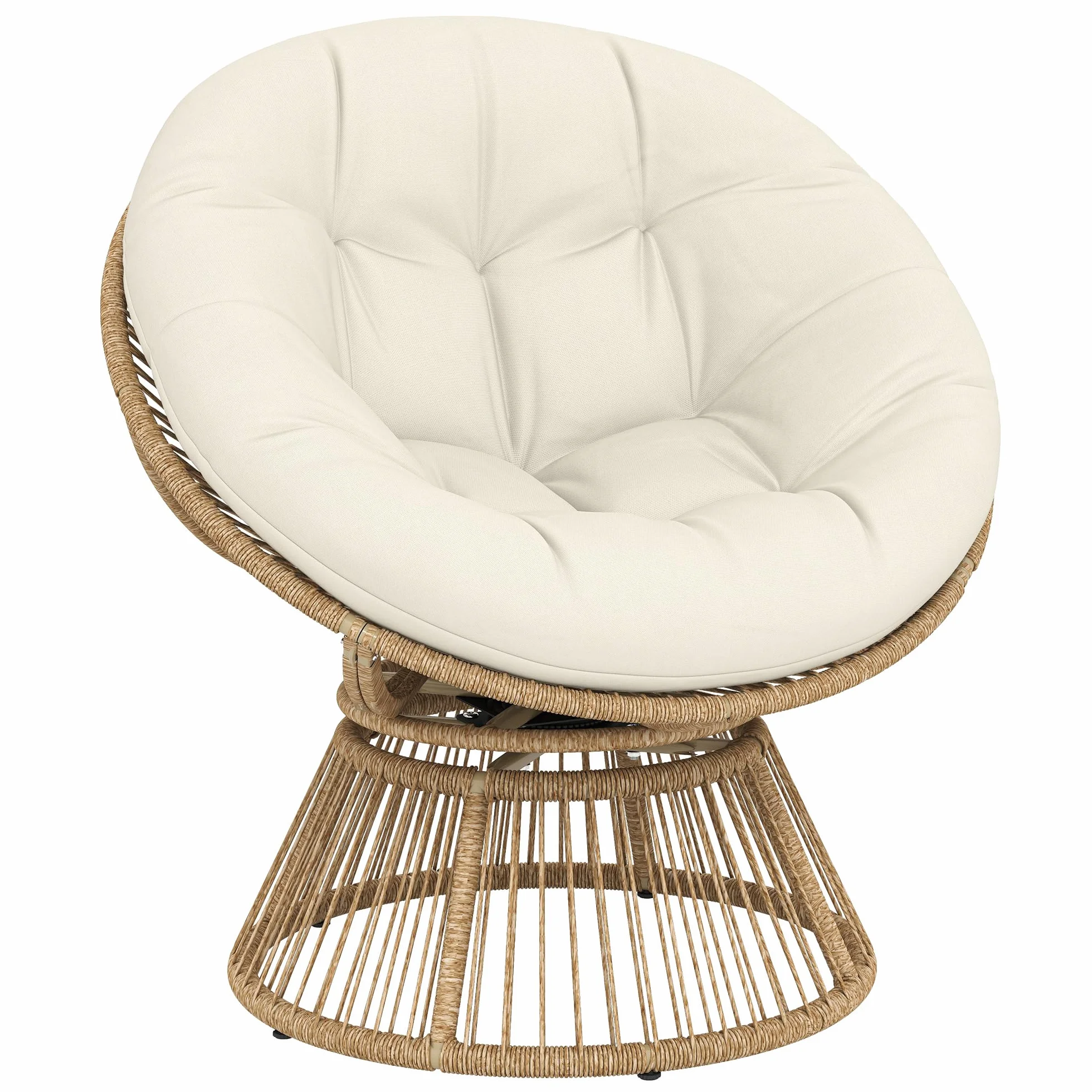 Outsunny Poltrona Papasan in Rattan Girevole a 360°, Poltrona da Giardino Girevole con Cuscino Oversize da 110 cm e Struttura in Acciaio, per Interni ed Esterni, Bianco Crema