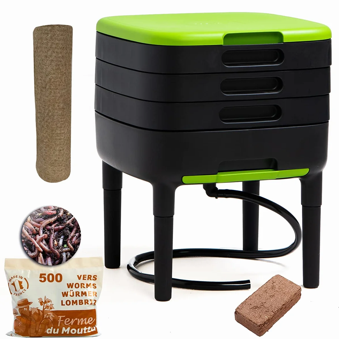 WormBox TinyWorm Design & Compact I Vermicompostaggio 3 vassoi I 250g di Vermi Lombrichi / 500 pz. I Kit Completo I Cassetto Scorrevole I Piedi plastica