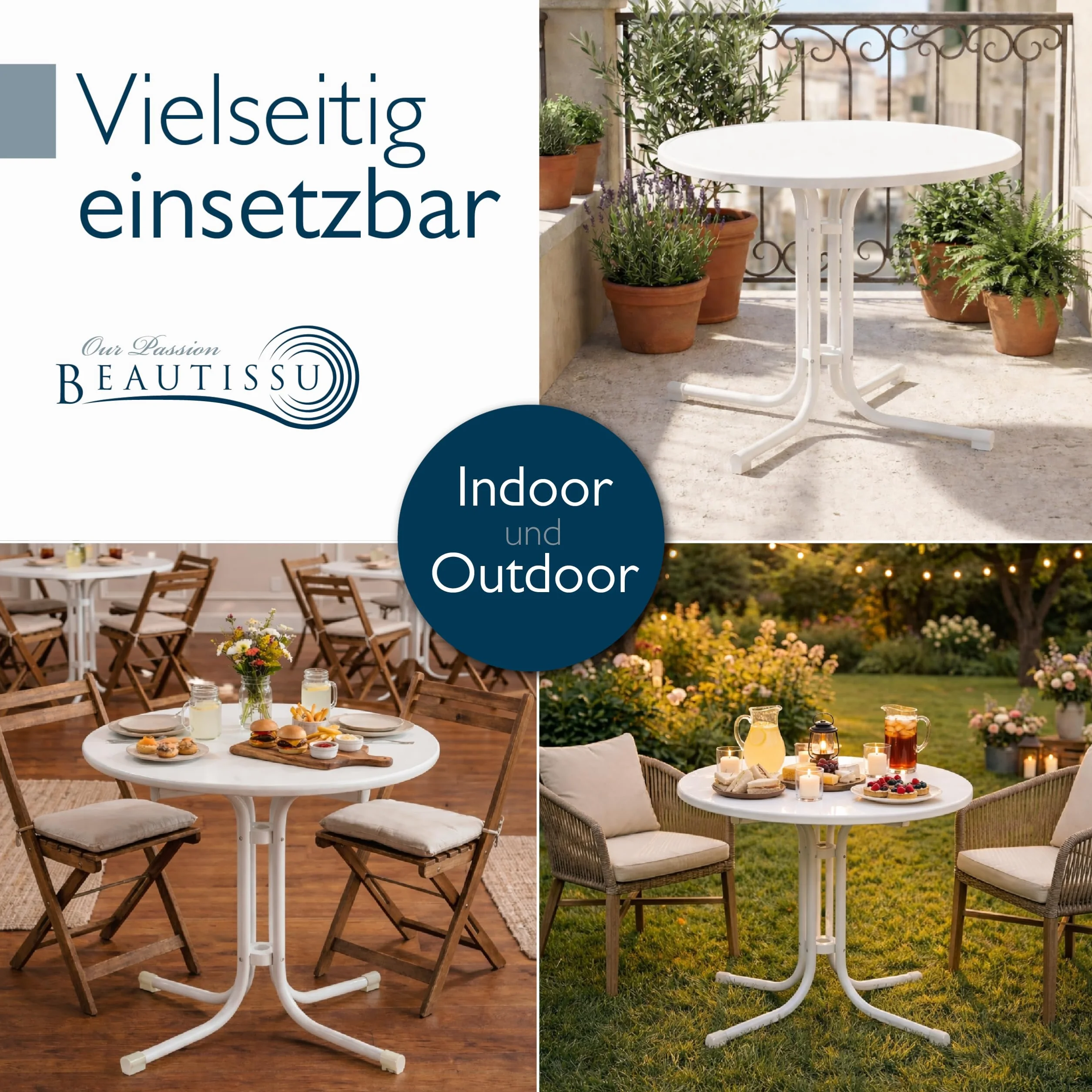 Beautissu Tavolo Bistrot da Esterno Ø 80 cm Impermeabile – Tavolino da Balcone Giardino Terrazza Pieghevole H 70 cm – Tavolo da Campeggio Feste Bar Ristorante – Bianca – Bistroni