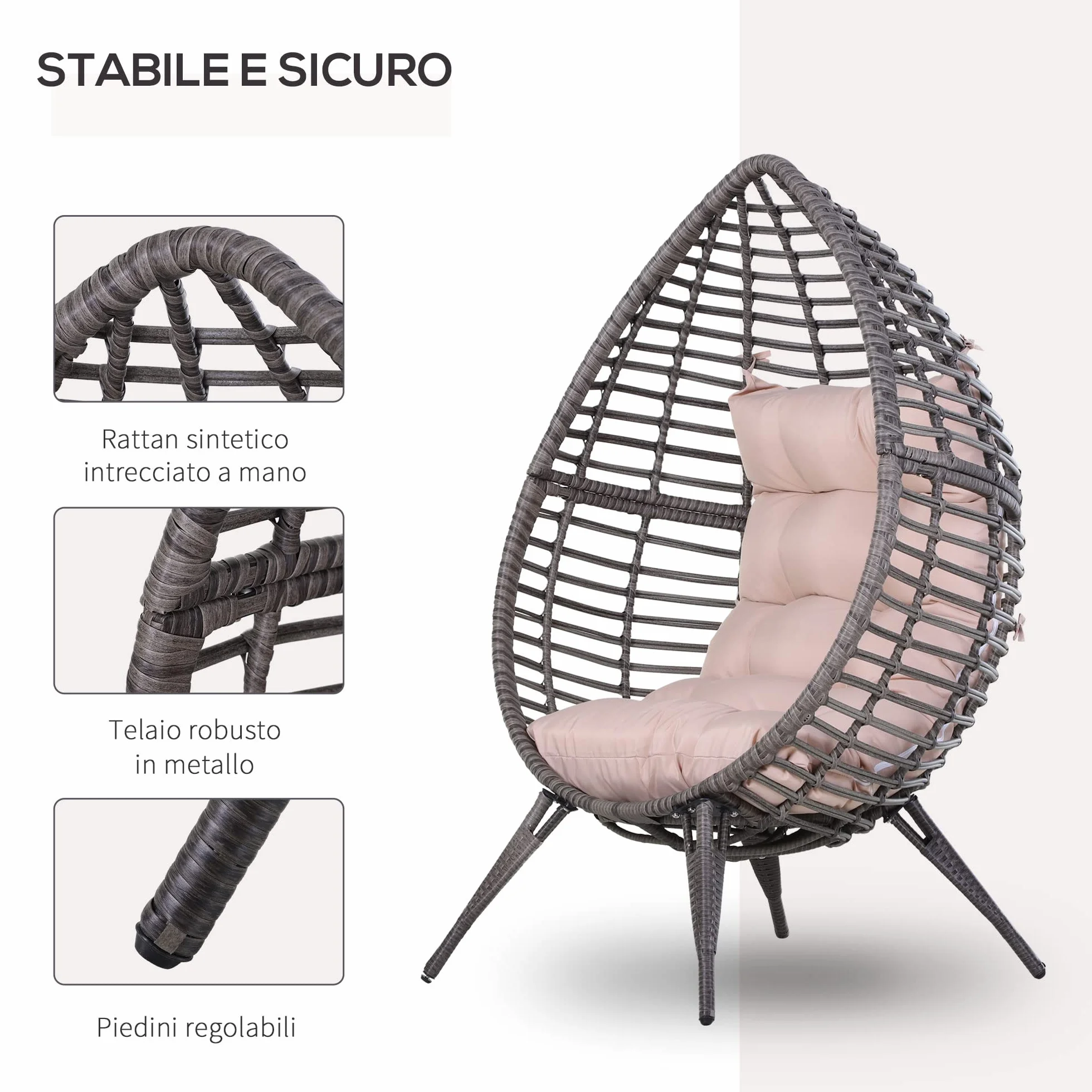 Outsunny Poltrona da Esterno in Rattan con Cuscino Grigio e Beige Forma a Goccia Stile Boho Chic 101x89x156cm