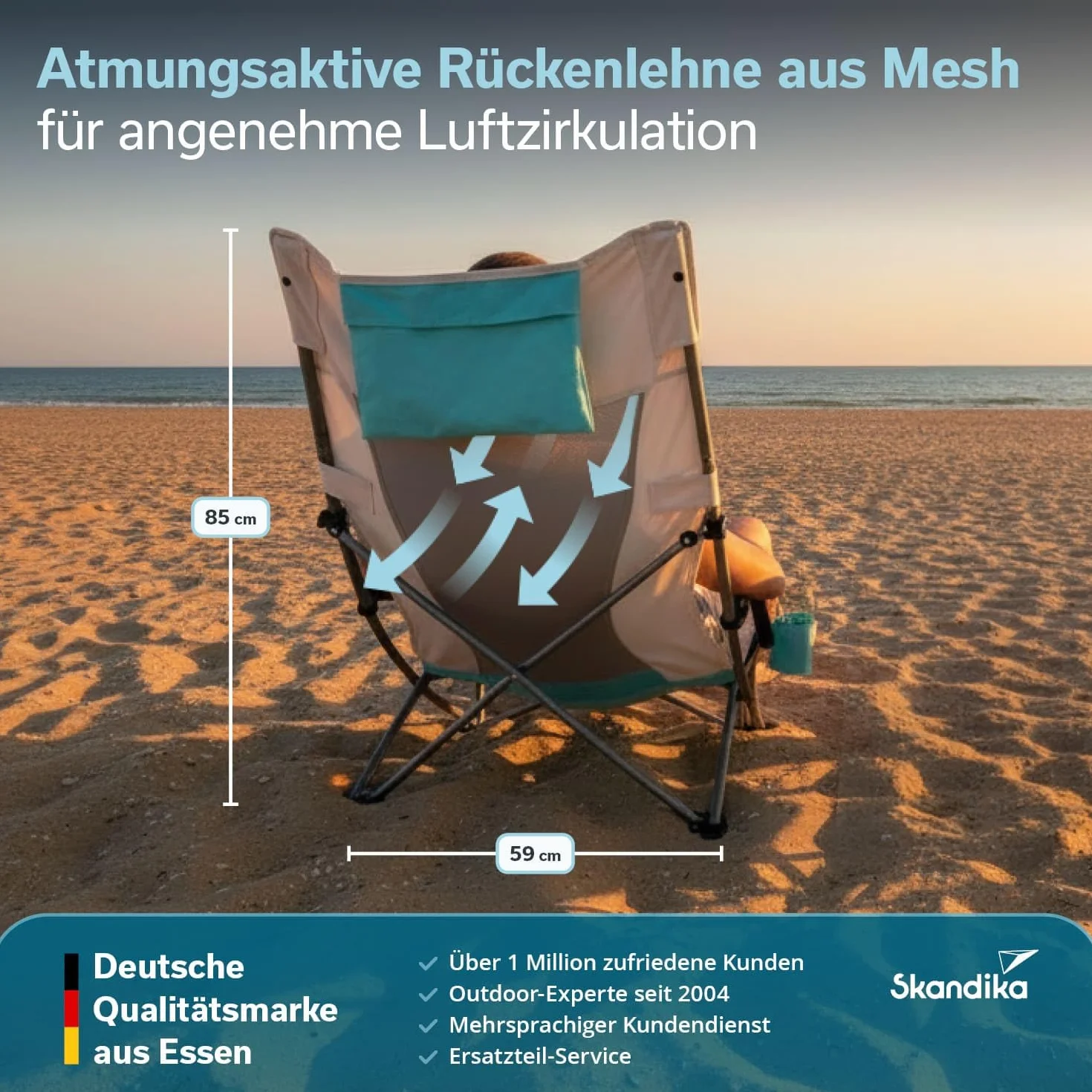 Skandika Sedia da spiaggia pieghevole - rete traspirante, portabicchieri, facile da trasportare e da piegare - peso massimo dell'utente 136 kg (beige/turchese)