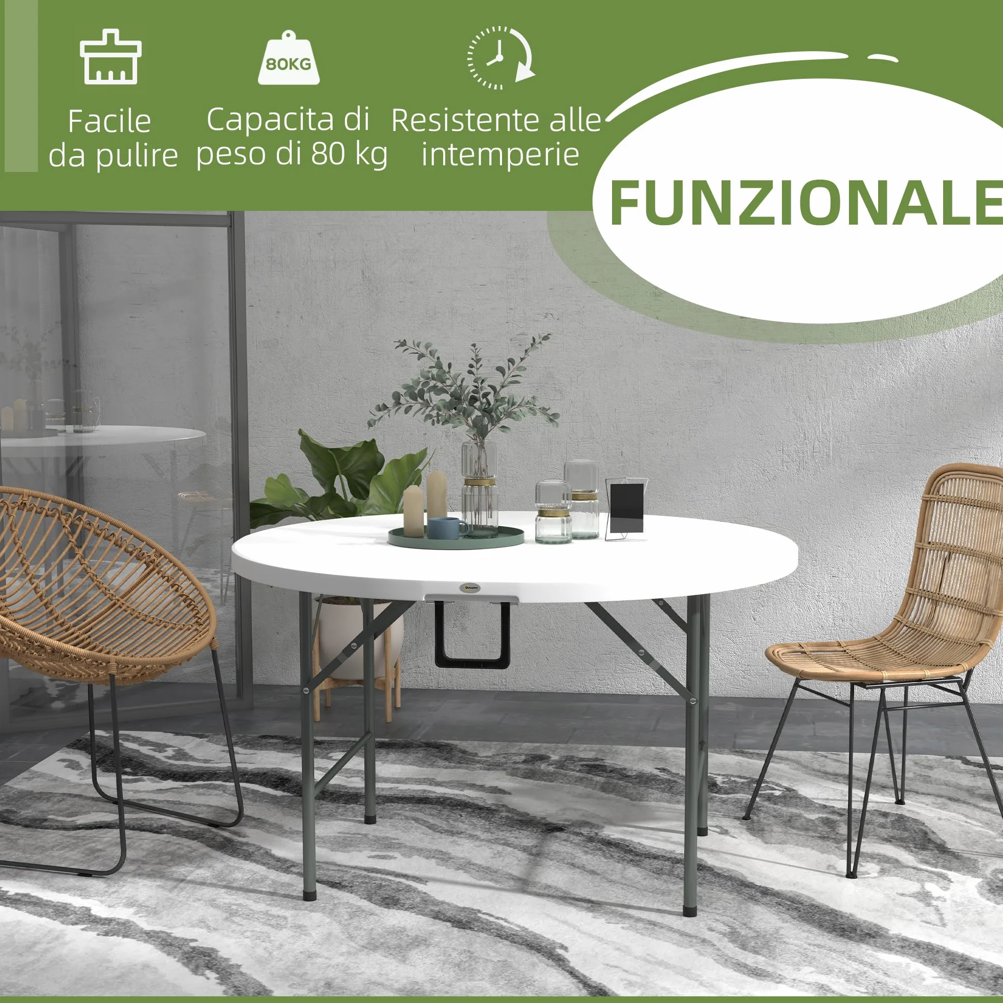 Outsunny Tavolo Pieghevole per Giardino, Balcone e Campeggio, Tavolo Rotondo in Acciaio e HDPE, Ø122x73 cm, Grigio e Bianco