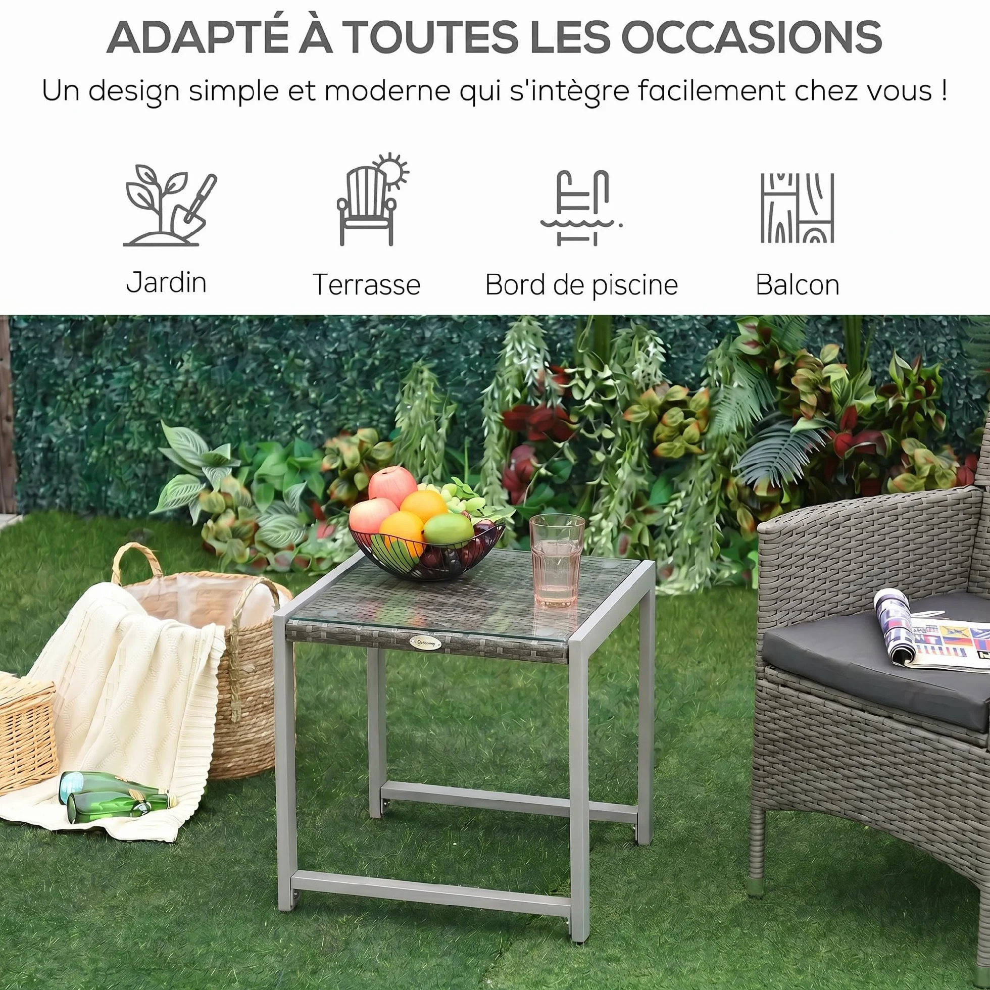 Outsunny Tavolino da Caffè da Giardino Piano in Vetro Temperato in Rattan Alluminio 50 x 49,5 x 50 cm