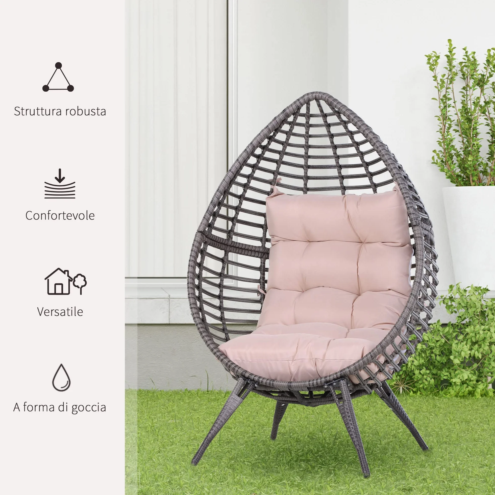Outsunny Poltrona da Esterno in Rattan con Cuscino Grigio e Beige Forma a Goccia Stile Boho Chic 101x89x156cm