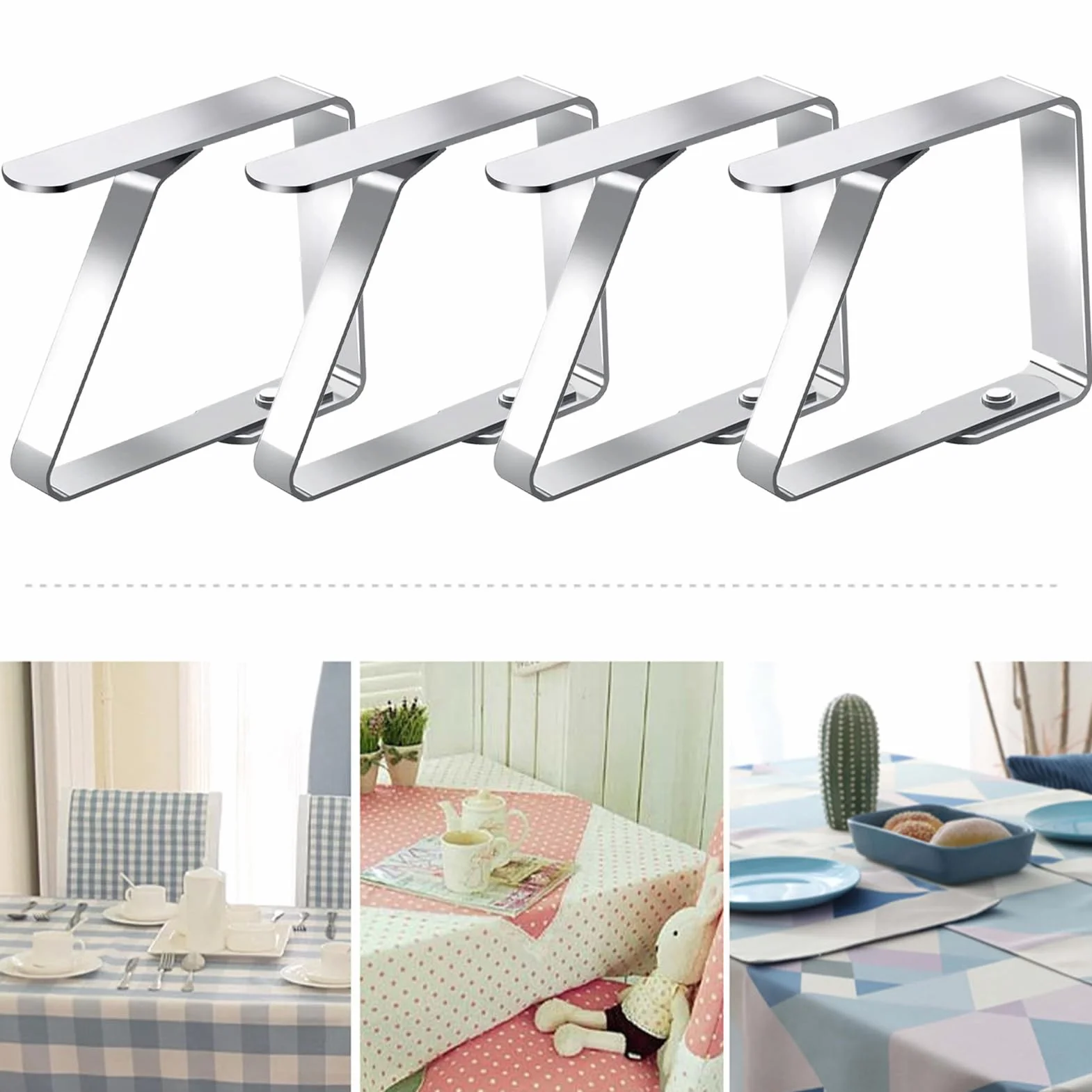 Set di 4 Fermatovaglia,Fermatovaglia in Acciaio Inossidabile,Argento,Ferma Tovaglia da Tavola,Tovaglia da Esterno Clip,per Outdoor Picnic Party,7.5 x 8cm
