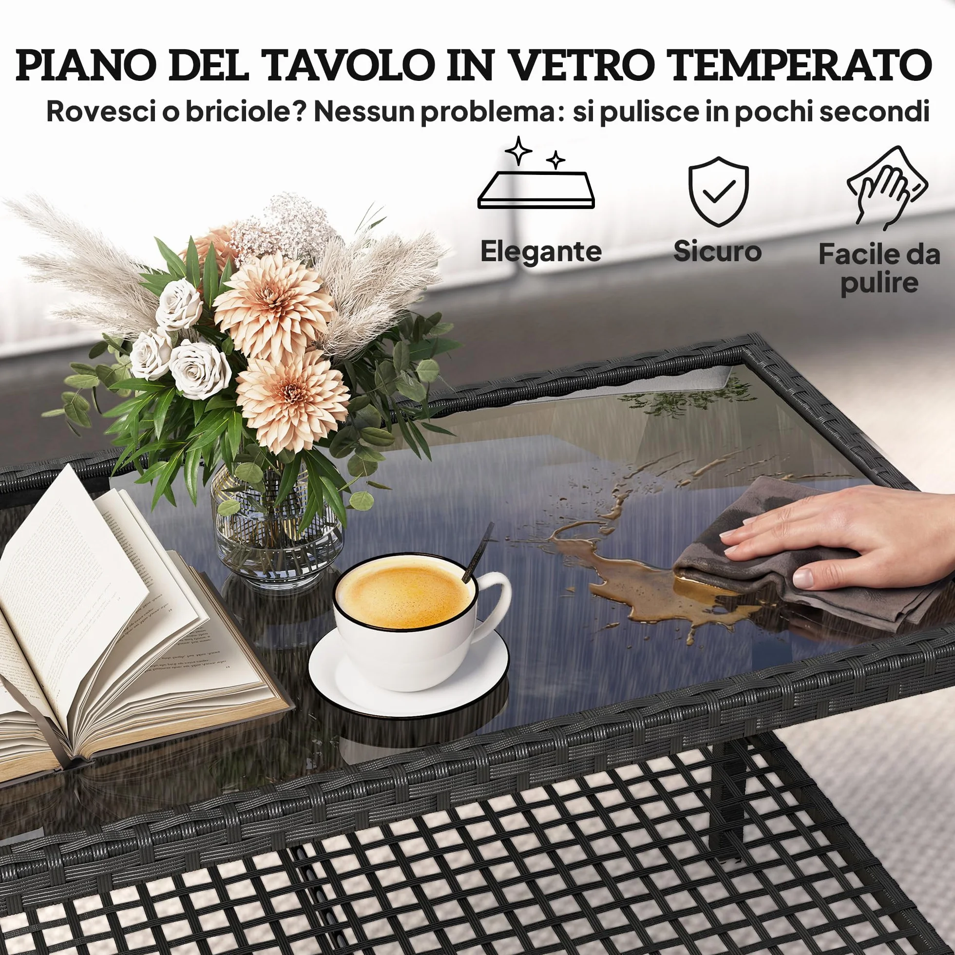 Outsunny Tavolino da Caffè in Rattan a 2 livelli con Ripiano, Piano in Vetro Temperato, Tavolino da Esterno con Struttura in Acciaio, 92x50x45 cm, Nero