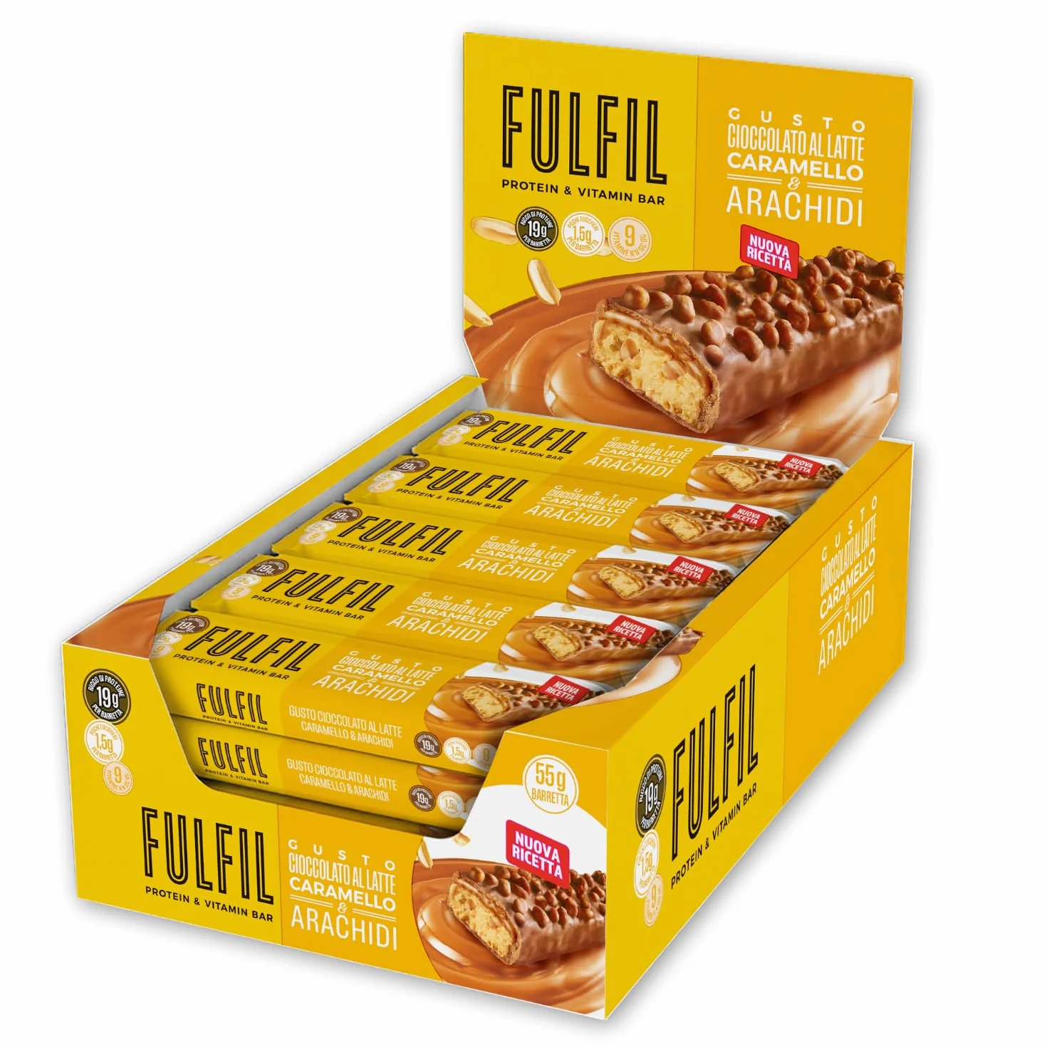 FULFIL - 15 Barrette Proteiche da 55 Grammi, Gusto Cioccolato Caramello e Arachidi con 9 Vitamine e Pochi Zuccheri, Confezione da 825 Grammi