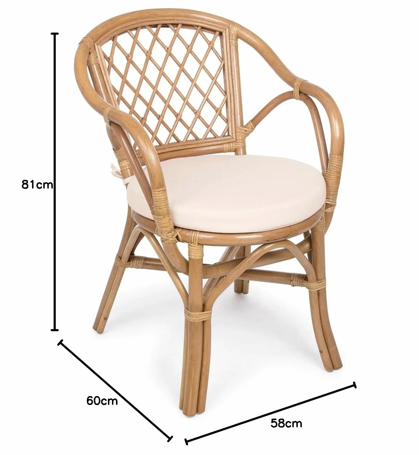 Poltrona vimini in rattan naturale per interno ed esterno. Artigianale ed ecosostenibile. Cuscino trapuntato incluso.