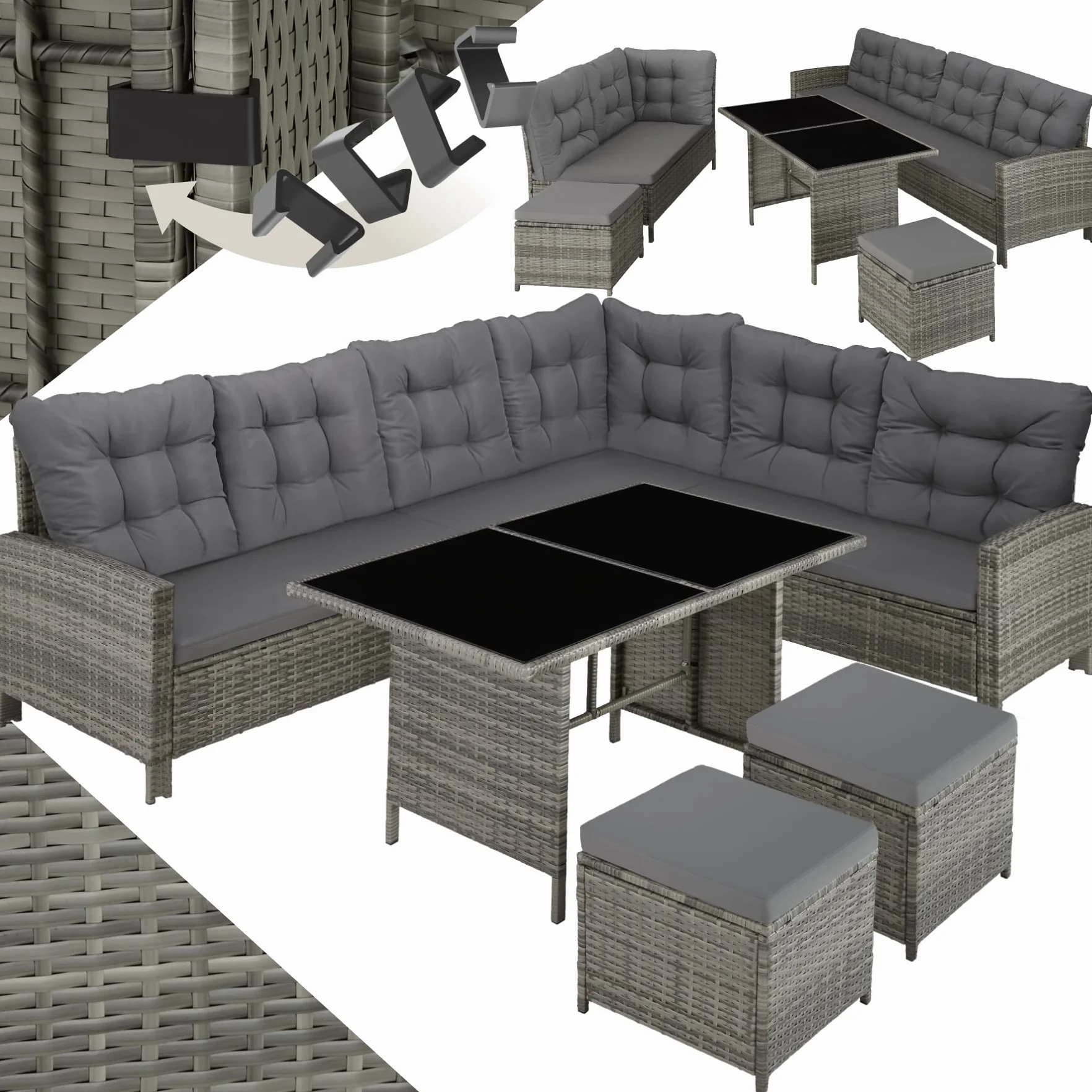 tectake® Set Salotto Rattan, Salotto da Giardino Esterno, Telaio Acciaio, Tavolino da Salotto 2 Piani in Vetro, Divani, Cuscini Relax, Sgabelli Poggiapiedi, Piscina, Giardino - Grigio Mélange/Grigio