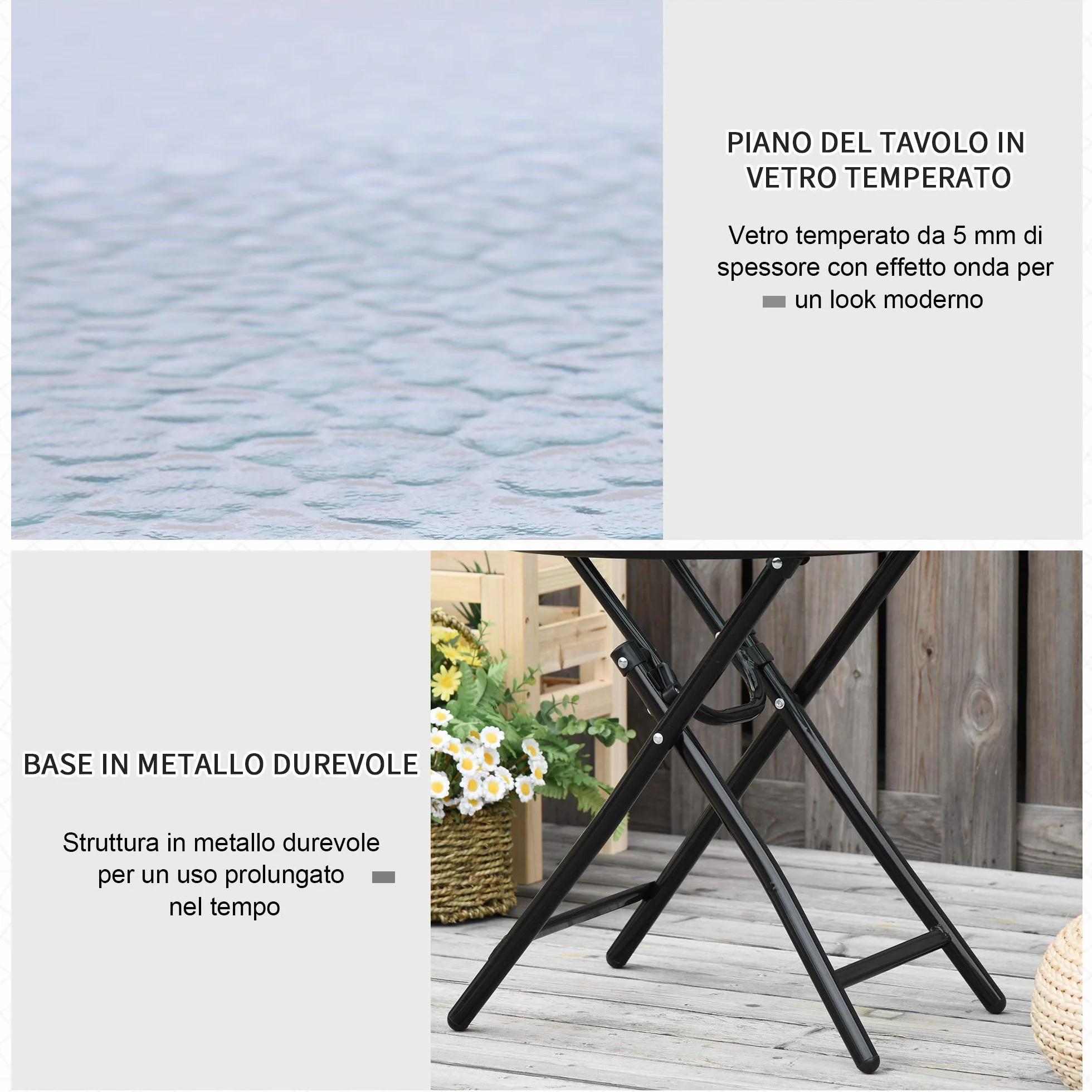 Outsunny Tavolo da Giardino Pieghevole in Metallo con Ripiano in Vetro e Blocco di Sicurezza, Φ45x50cm Nero