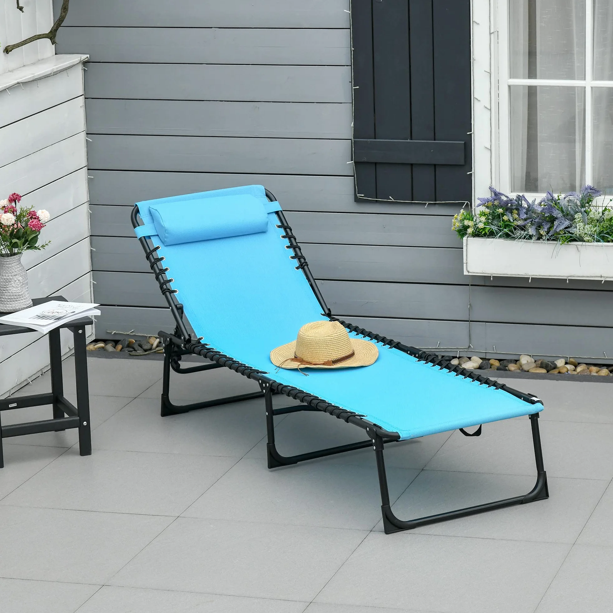 Outsunny Lettino Prendisole Pieghevole con Schienale Reclinabile su 4 Livelli, Sdraio da Giardino con Seduta Traspirante in Tessuto a Rete, per Spiaggia Piscina Giardino, 189x58x30 cm, Blu