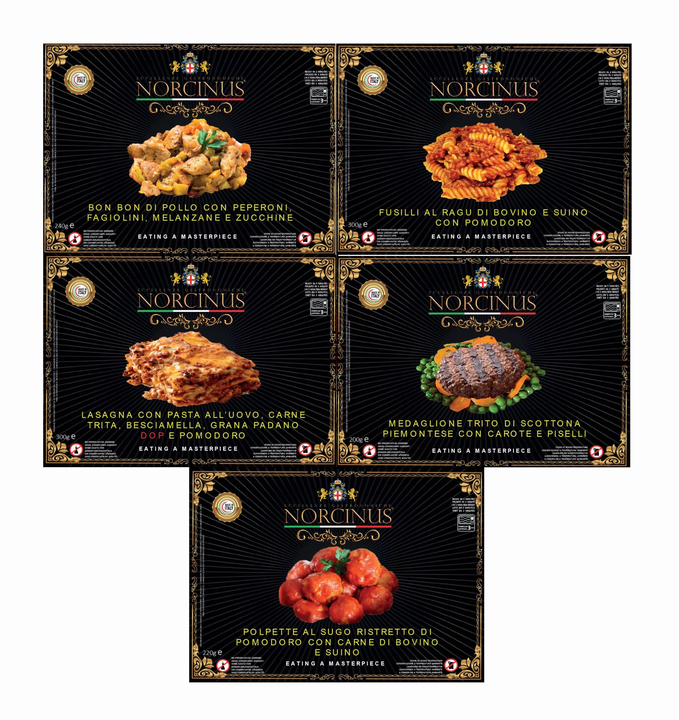 Selezione di 5 piatti pronti gourmet con carne, Norcinus, eccellenza gastronomica italiana