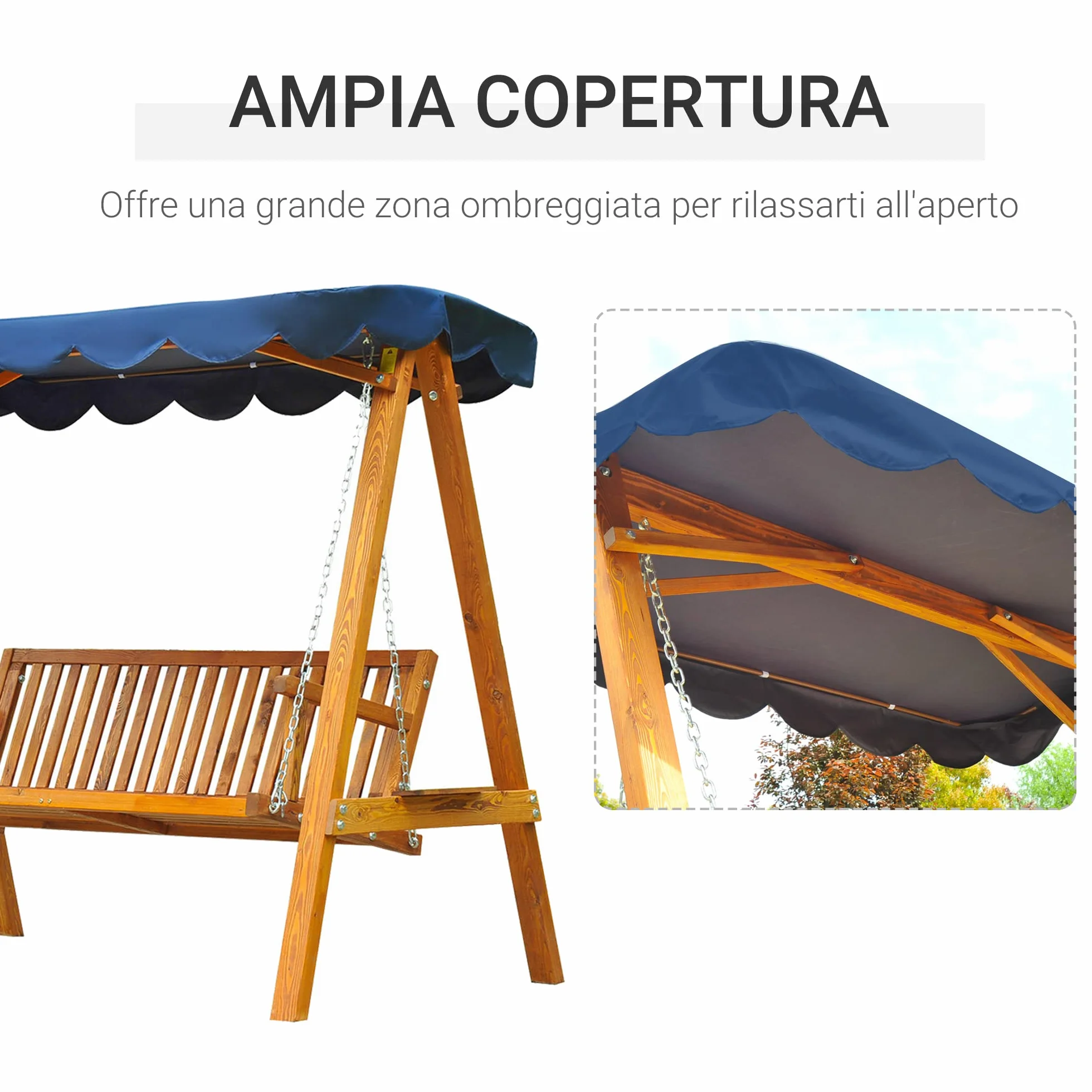 Dondolo da Giardino 3 Posti in Legno con Baldacchino colore Blu Swing