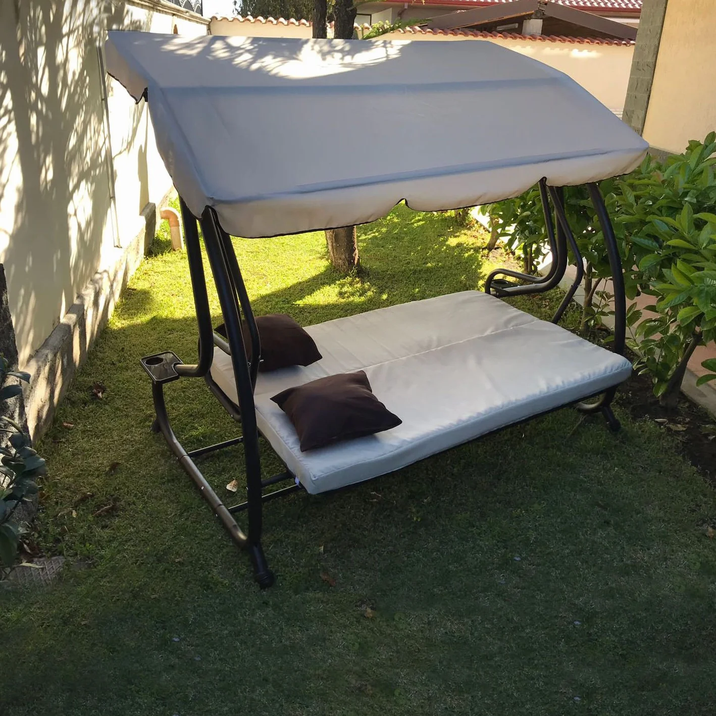 FP-TECH DONDOLO DA GIARDINO 3 POSTI CON TETTO PARASOLE DIVANO LETTO ALTALENA INCLINABILE, TESSUTO, METALLO