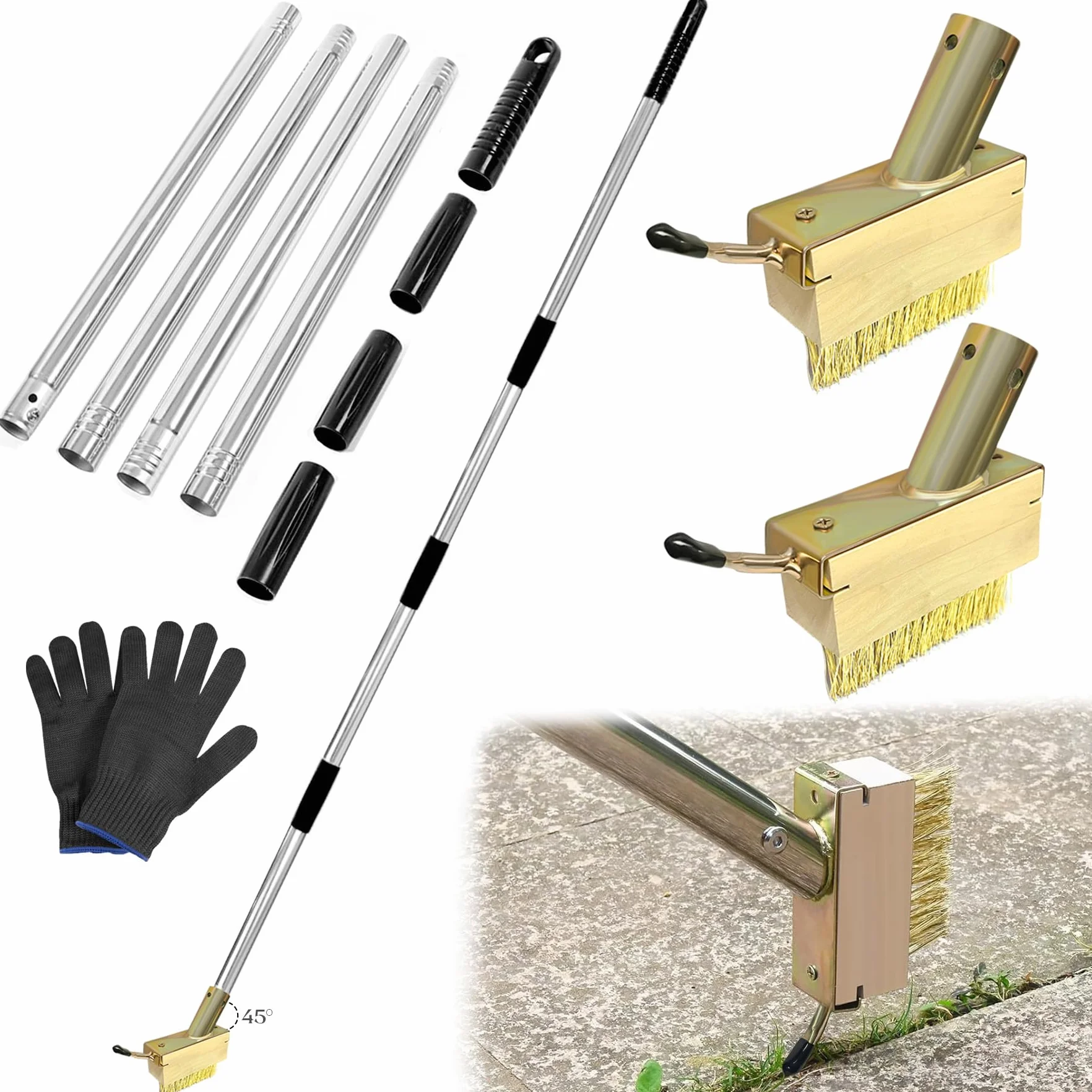 TZEKING 2 Pezzi Scopa Metallica per Giardino,Scopa in Filo Metallico con Manico Telescopico,Spazzola con Setole Metalliche Rigide,Spazzola Metallica,per Rimuovere Erbacce,Muschio e Macchie Ostinate