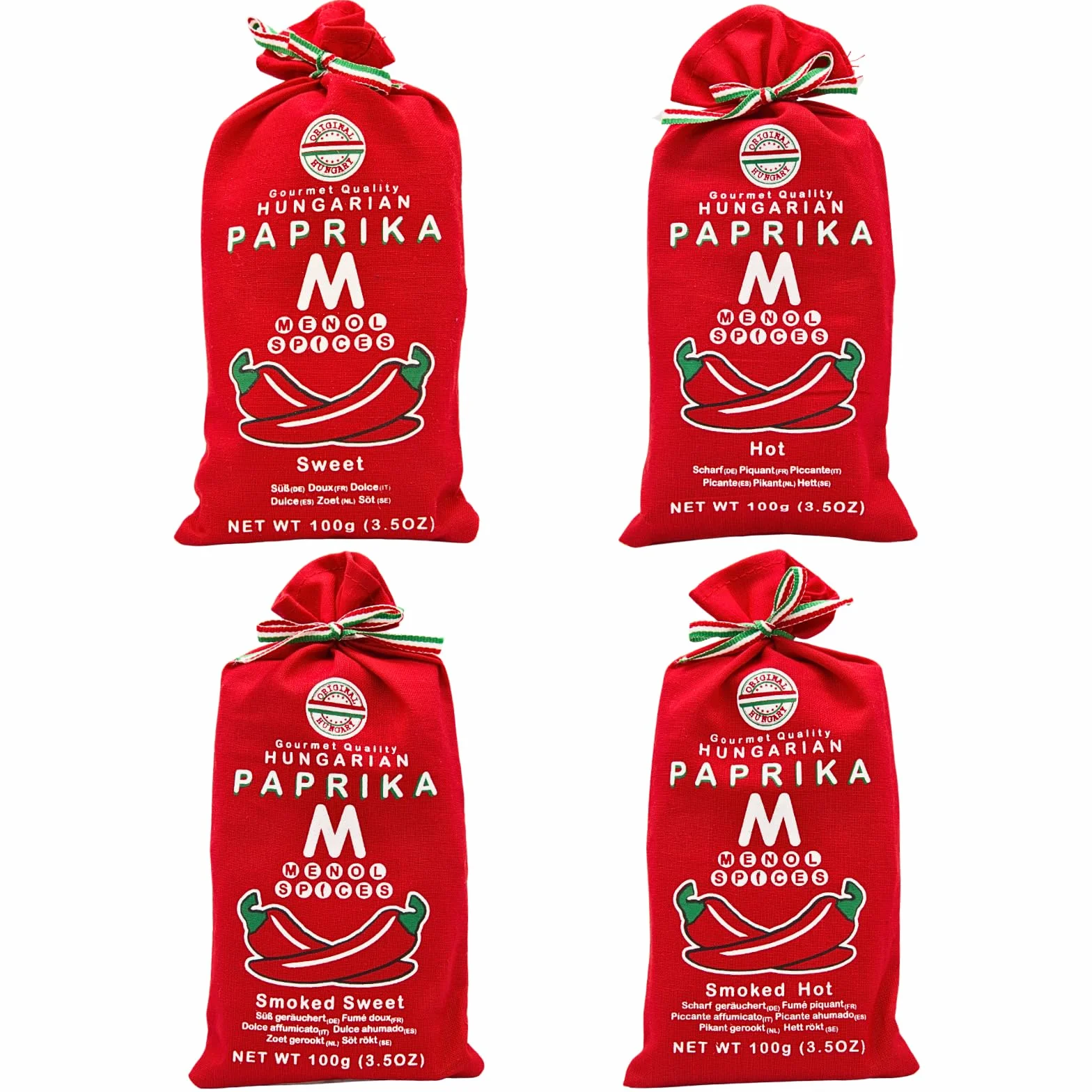 Menol Spices Autentica Paprika Ungherese in polvere (Tutti e 4 i gusti, 4x100g) Qualità Premium Gourmet, prodotto nella regione di Szeged, in Ungheria, rosso vivo, sapore incredibile