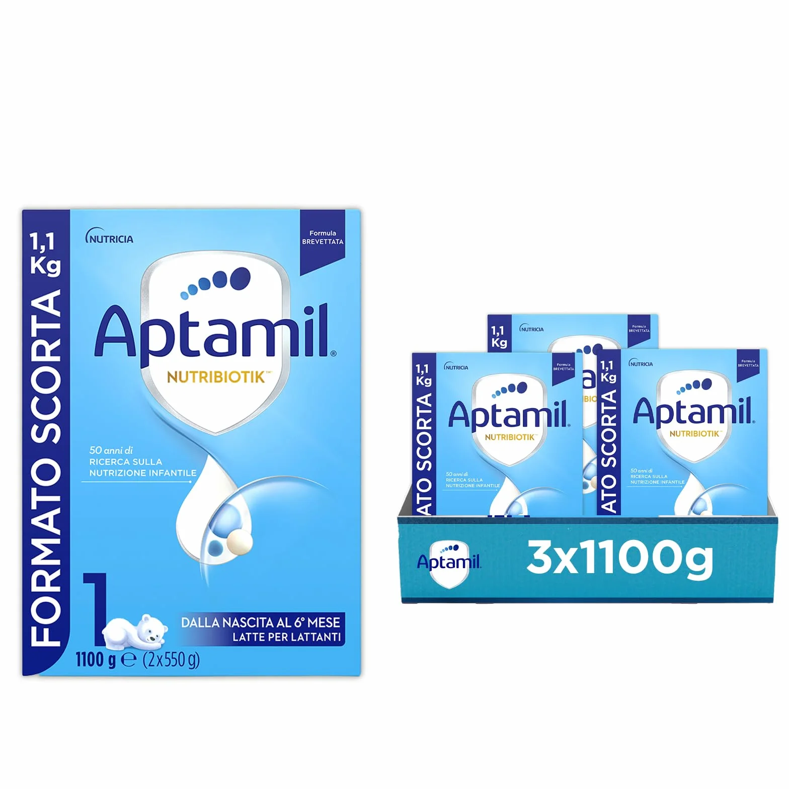 APTAMIL Nutribiotik 1 - Latte per lattanti in polvere dalla Nascita al 6° mese, Formula Brevettata - Confezione 3300 grammi (3 confezioni da 1100g)