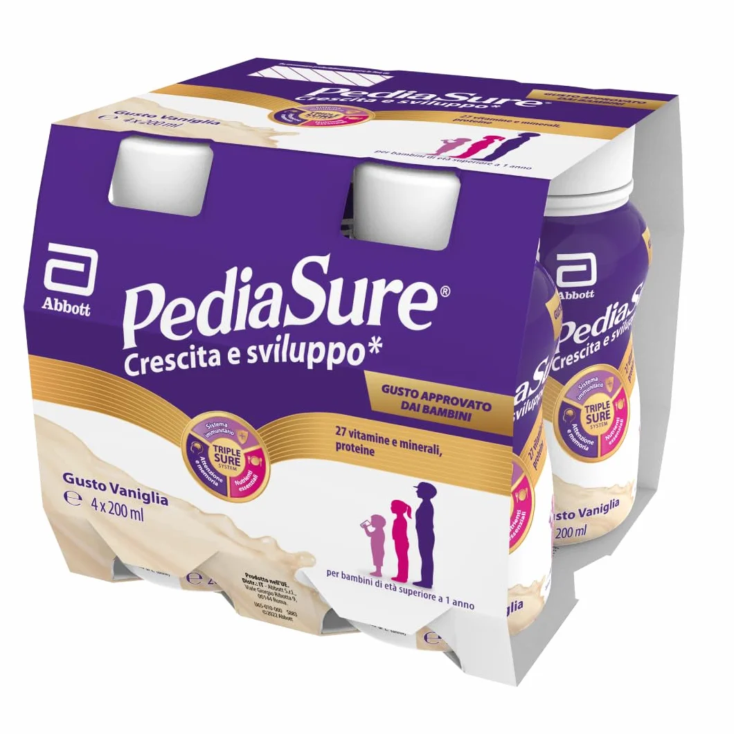 Pediasure Crescita e Sviluppo Drink, Integratore Bambini con Vitamine, Minerali, Proteine, per Difese Immunitarie, Concentrazione e Memoria, Formato Liquido 200 ml x 4 Pronto da Bere | Gusto Vaniglia