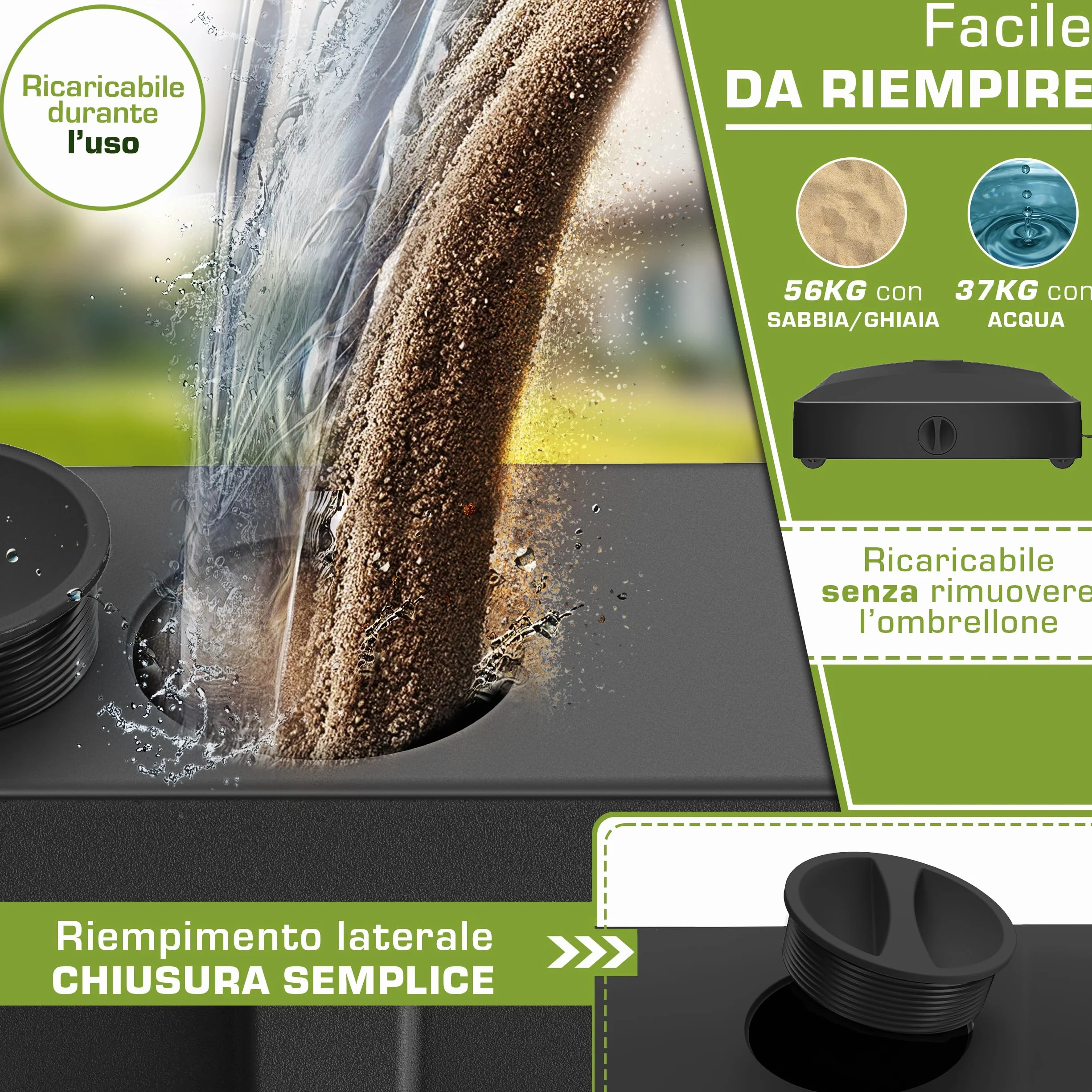 tillvex® Base per ombrellone PAVERA e Ruote e Freni | Zavorra ombrellone riempibile 37L/56kg | Piedistallo per ombrelloni Giardino e Mercato Ø1,8-3,7m | Resistente a intemperie e UV (Nero)