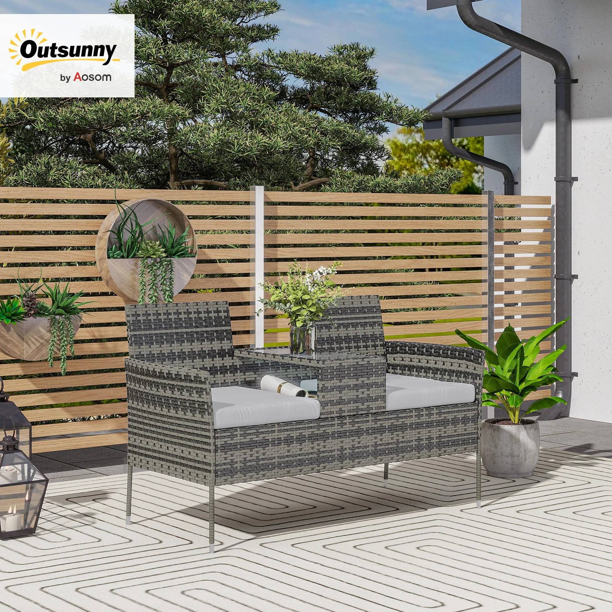 Outsunny Panchina da Giardino a 2 Posti in Rattan e Acciaio, Panchina da Esterno con Cuscini e Tavolino da Caffè Centrale in Vetro Temperato, Divano da Esterno, 135x64x81 cm, Grigio Scuro