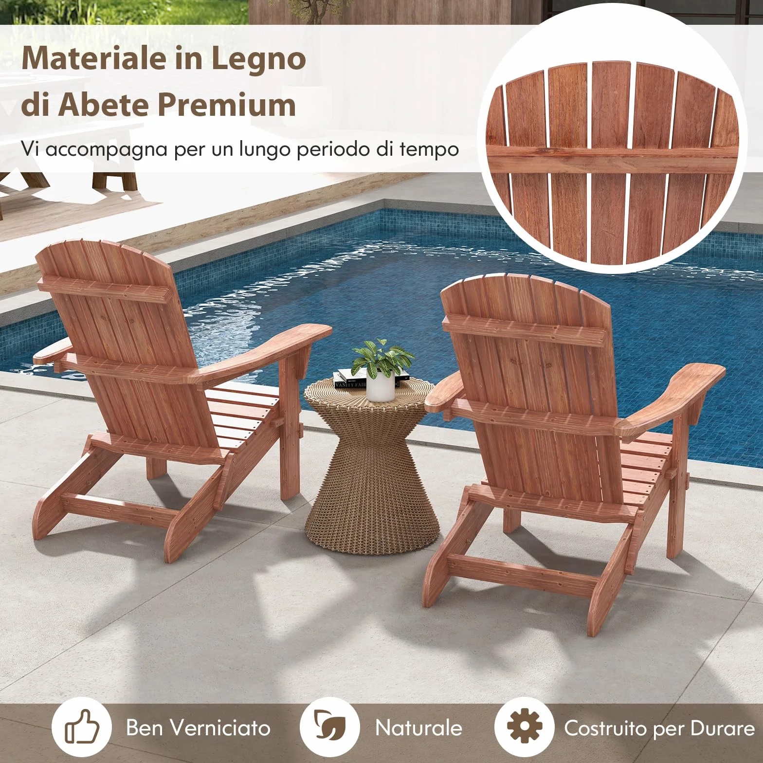COSTWAY Sedia Adirondack Pieghevole, Sedia da Giardino in Legno di Abete, Poltrona Prendisole con Schienale Alto, Portata 180 kg, 89 x 71 x 94 cm (2, Marrone, 89 x 71 x 94 cm)