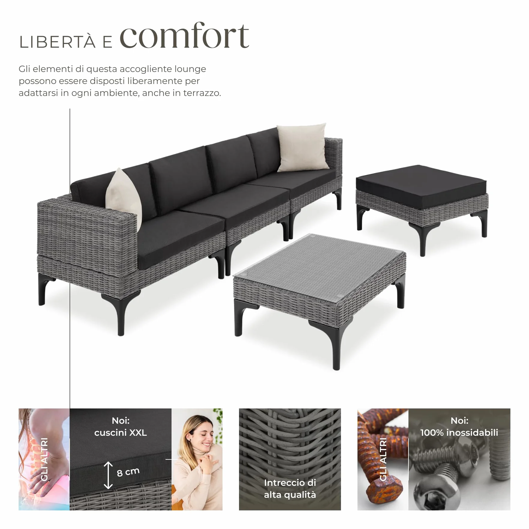 tectake® Salottino in Rattan Konstanza, Telaio in Alluminio, Resistente ai Raggi UV, Comode Poltrone, Imbottitura Spessa, Rivestimenti Idrorepellenti, Tavolino Salotto con Lastra in Vetro - Grigio