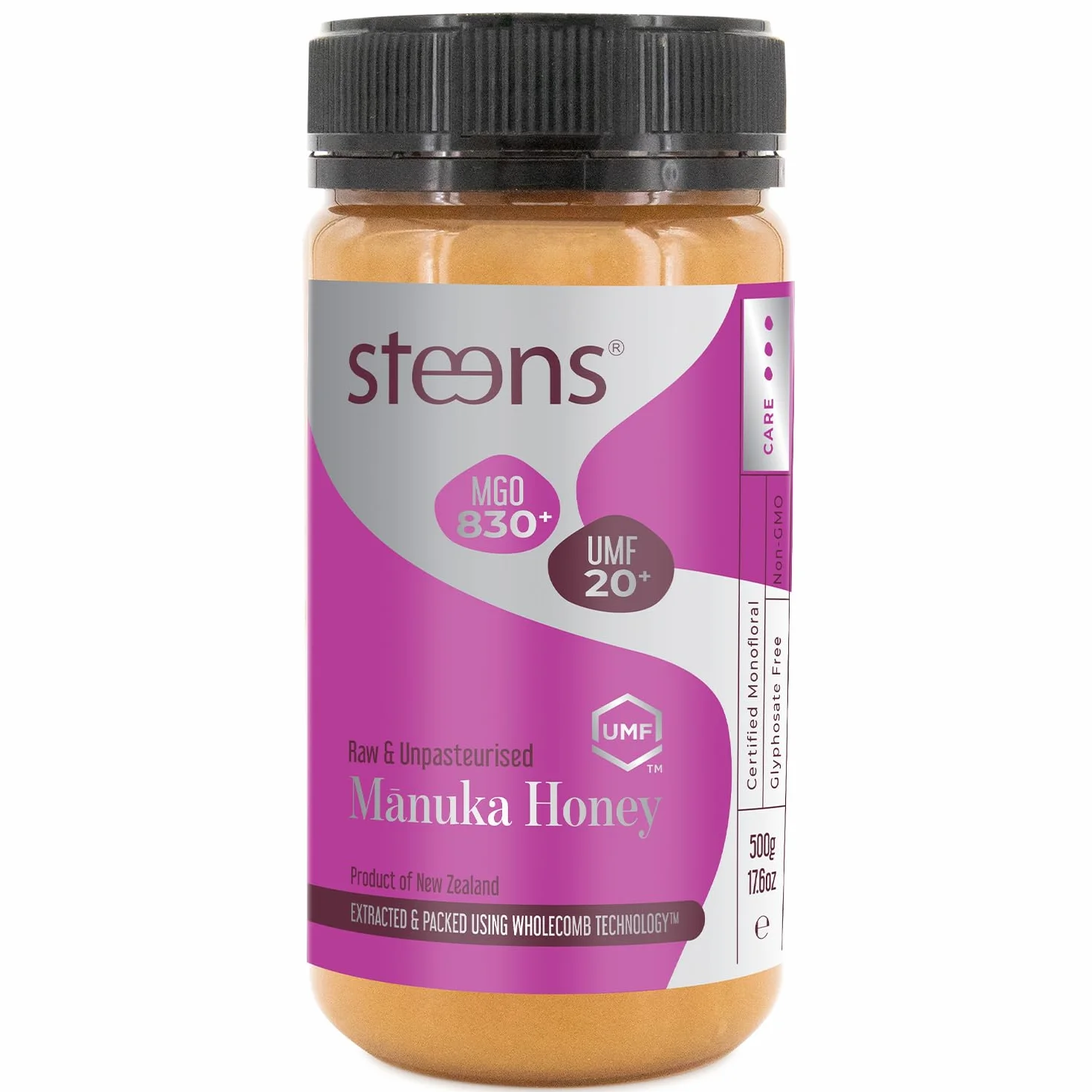 Steens Miele di Manuka - MGO 830+ - Puro Miele Manuka grezzo 100% certificato UMF 20+ - Invasettato e sigillato in Nuova Zelanda - Manuka Honey - 500 g