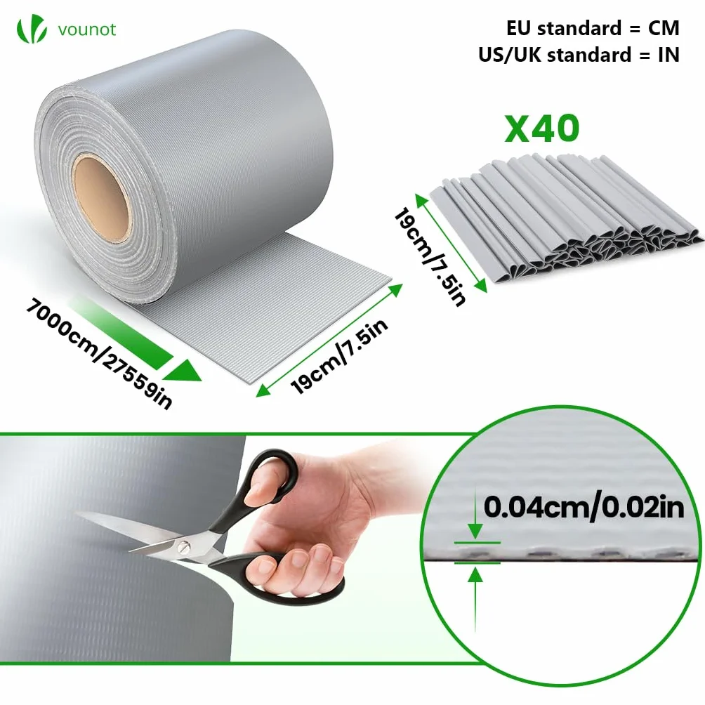 VOUNOT® Telo Frangivista in PVC per Recinzione Giardino, 19cm x 70m, 450 g/m², Strisce per Protezione della Privacy, Rotolo Frangivista con Clips di Fissaggio, Grigio Chiaro